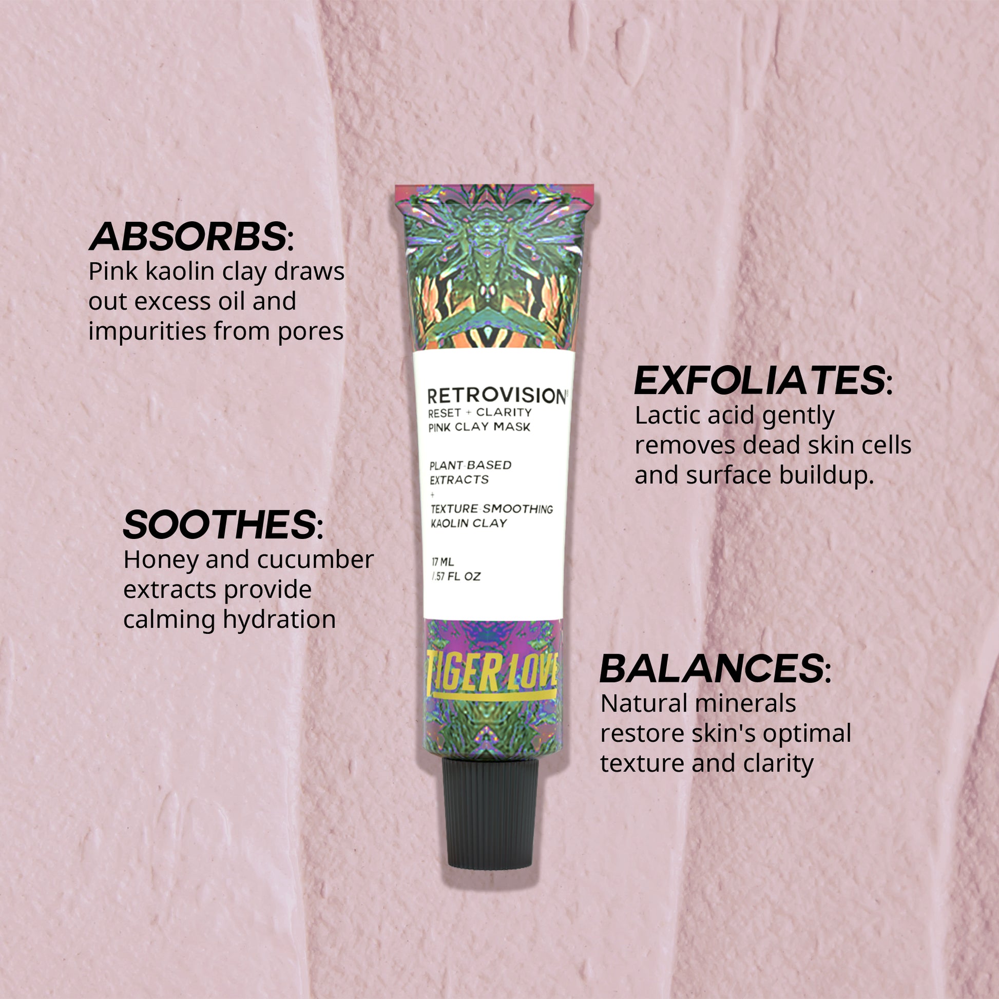 Pink clay mask tube with text describing its benefits on a pink background